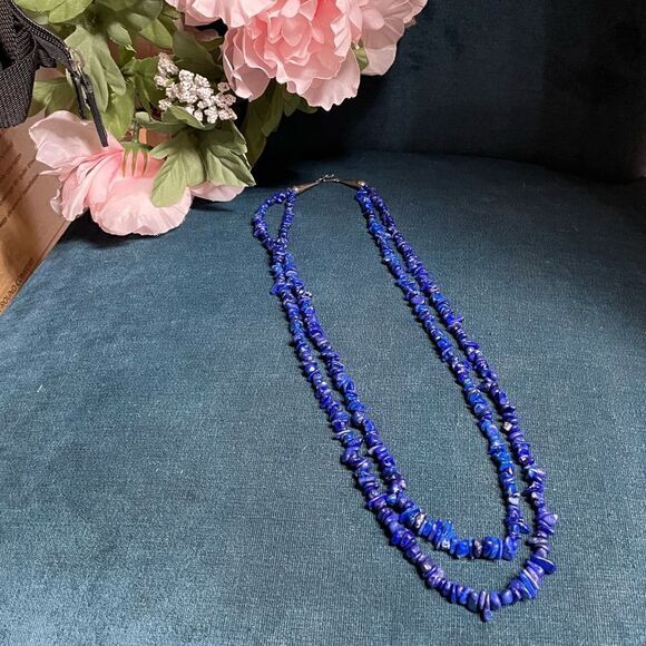 Native American Double Strand Lapis with Stamped Sterling Clasp - Picture 3 of 9